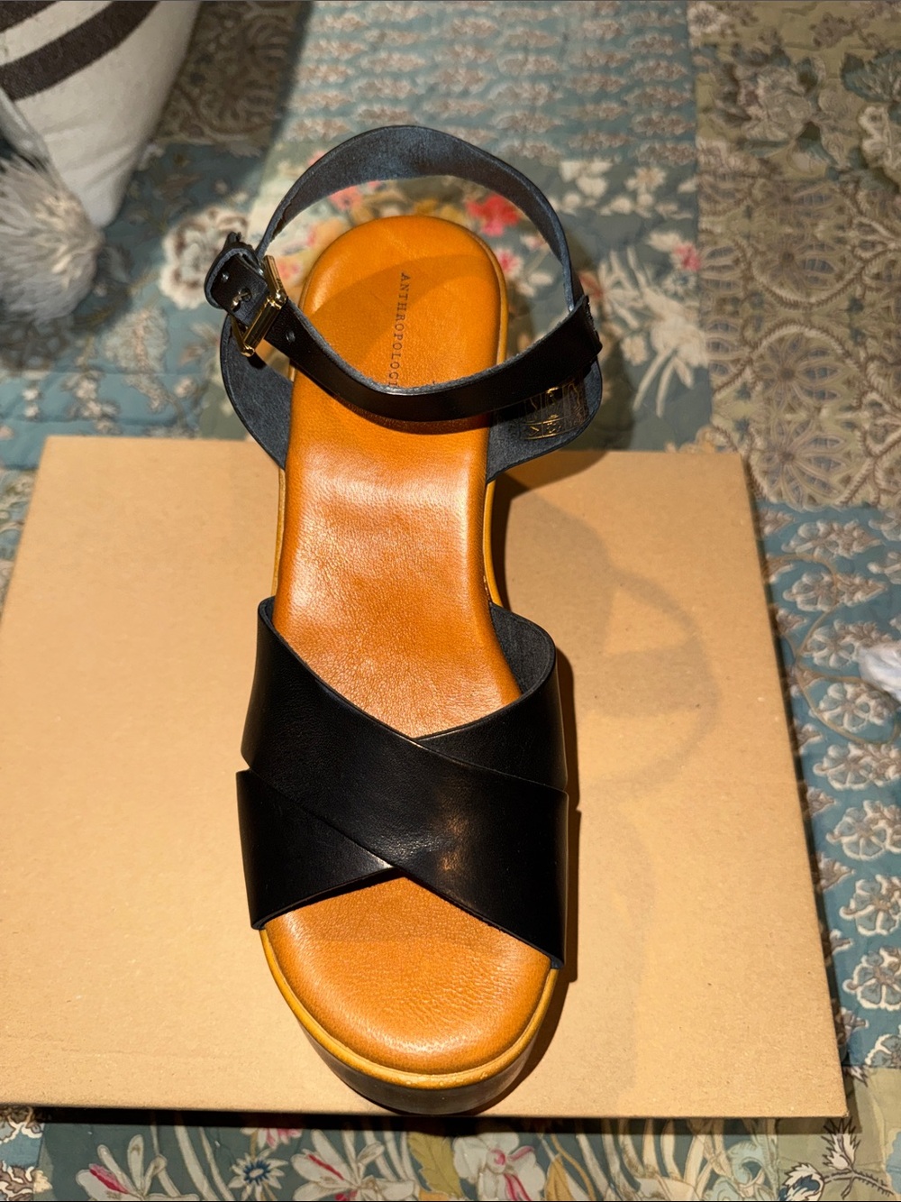 Anthropologie Black Leather Crisscross Platform Wedge Sandals - Picture 7 of 9
